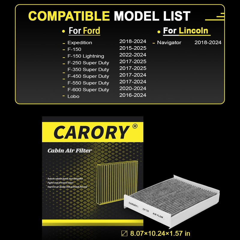 Carory Cabin Air Filter w/Activated Carbon for Ford F-150 2015–2025, Expedition 2018–2024, F-150 Lightning 2022–2024, Super Duty F-250/F-350/F-450/F-550,Lincoln Navigator 2018–2024, and More - Image 2